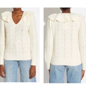 Industry Pearl Ruffle Sweater Women M Cream Beaded White Pointelle VNeck Fitted